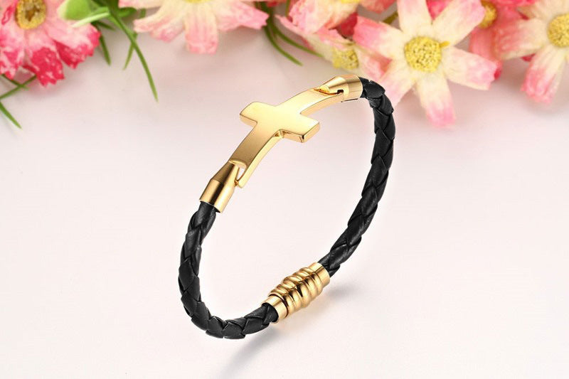 Stainless steel leather cross bracelet