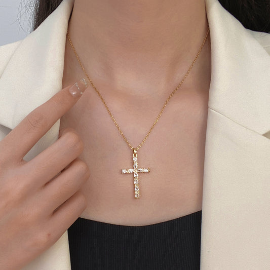 Cross Copper Plating Gold Micro Inlaid Zircon Titanium Steel Necklace