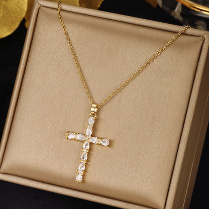 Cross Copper Plating Gold Micro Inlaid Zircon Titanium Steel Necklace