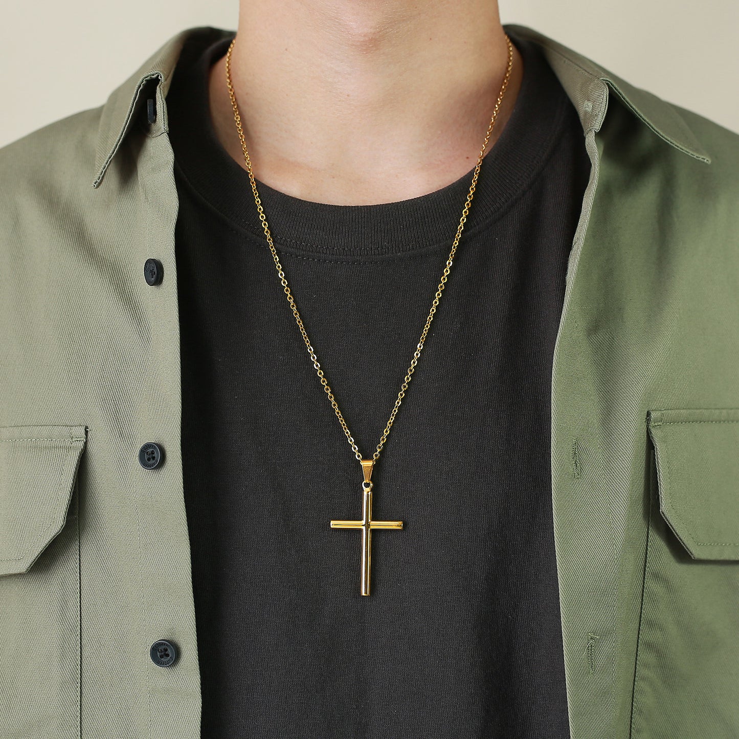 Men's Necklace -Stainless Steel Round Cross Pendant