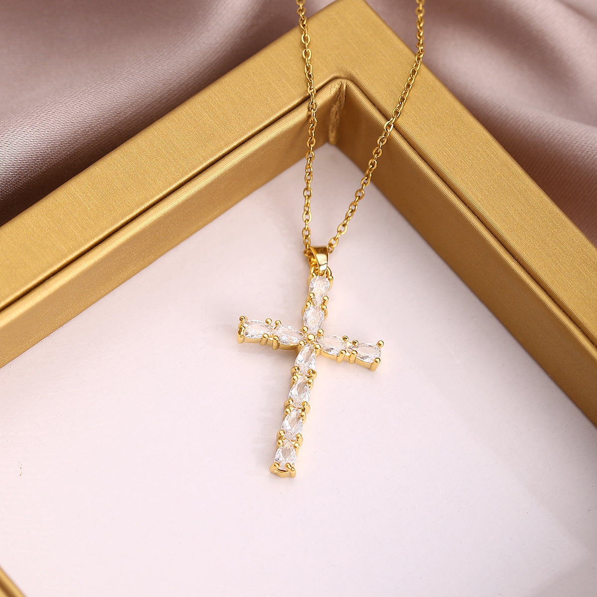 Cross Copper Plating Gold Micro Inlaid Zircon Titanium Steel Necklace