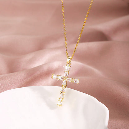 Cross Copper Plating Gold Micro Inlaid Zircon Titanium Steel Necklace